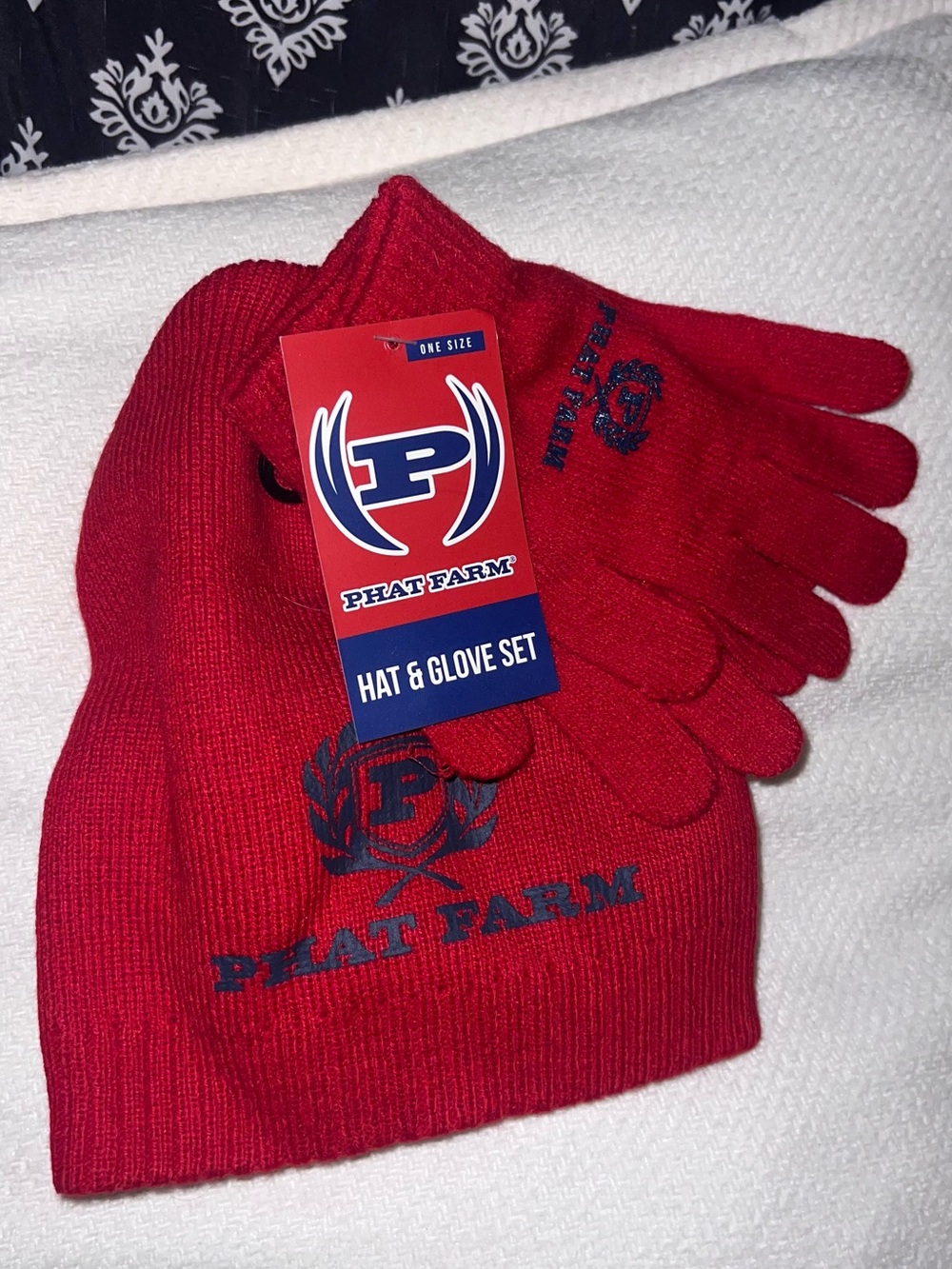 Phat Farm Red Beanie and Gloves Set